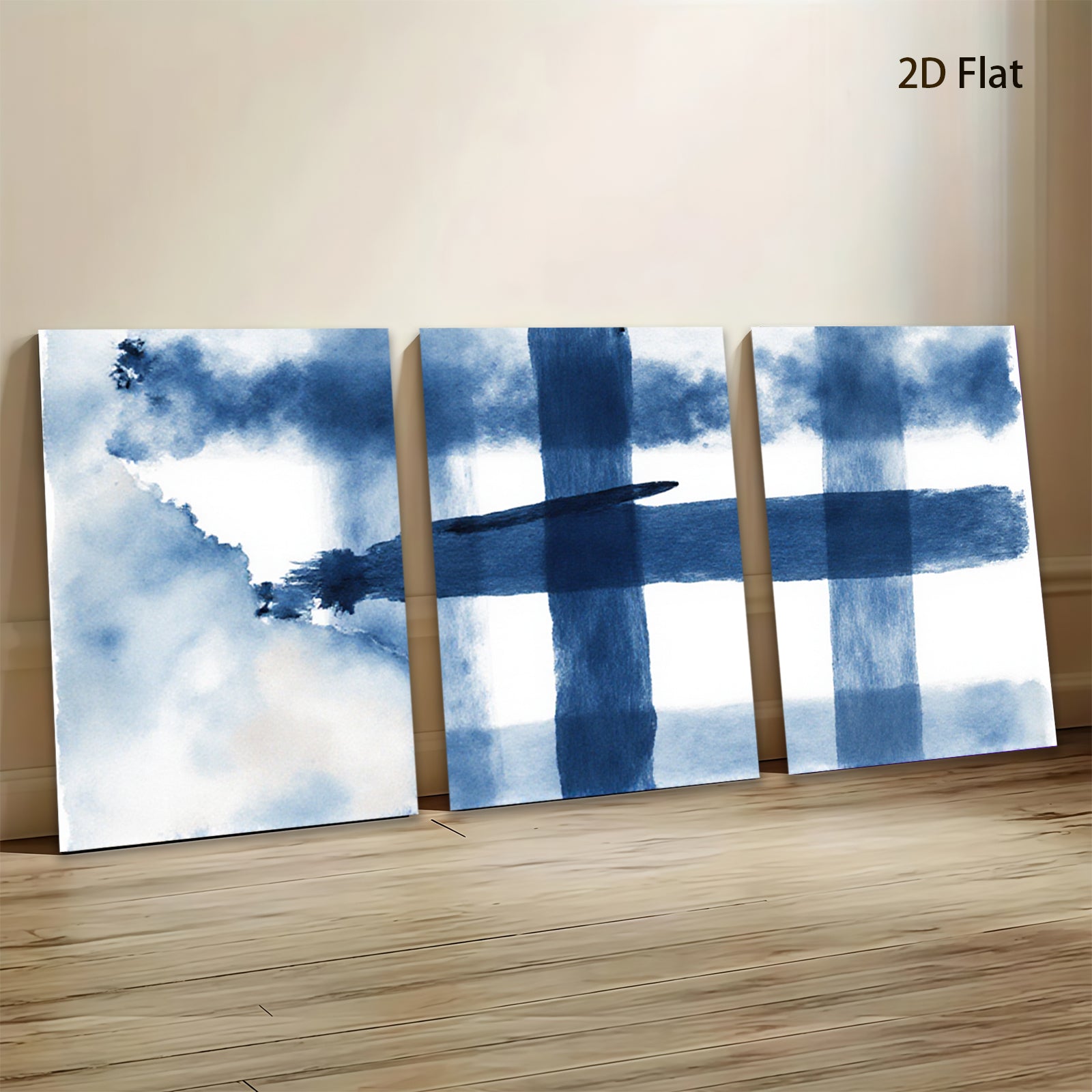 2D flat 1pc abstract blue watercolor wash minimalist modern farmhouse wall art for living room bedroom office gallery wrapped canvas prints ready to hang