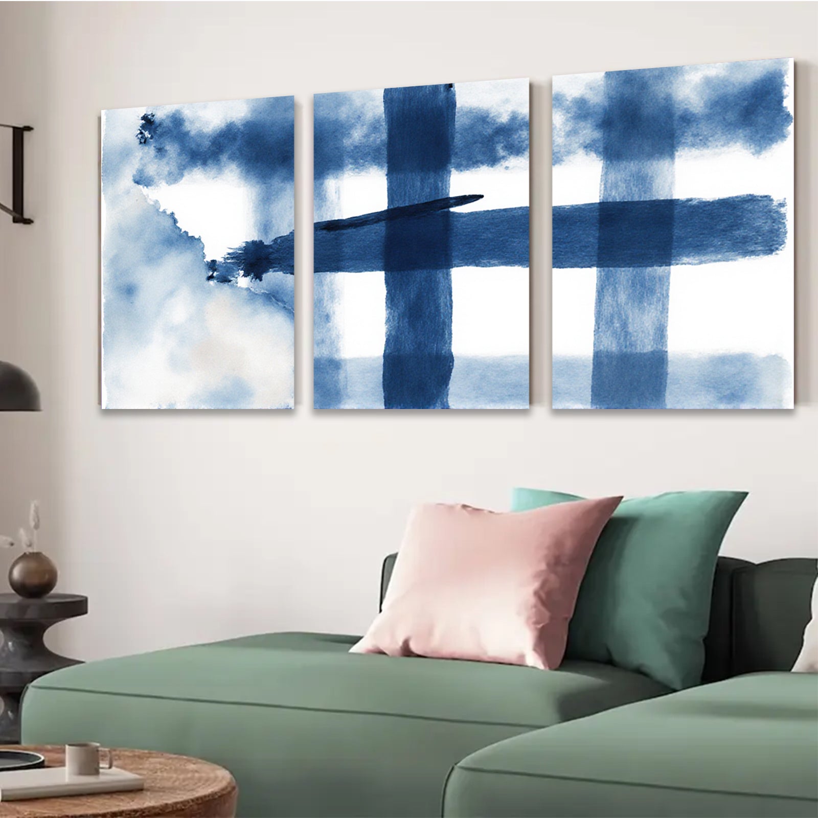 2D flat 1pc abstract blue watercolor wash minimalist modern farmhouse wall art for living room bedroom office gallery wrapped canvas prints ready to hang