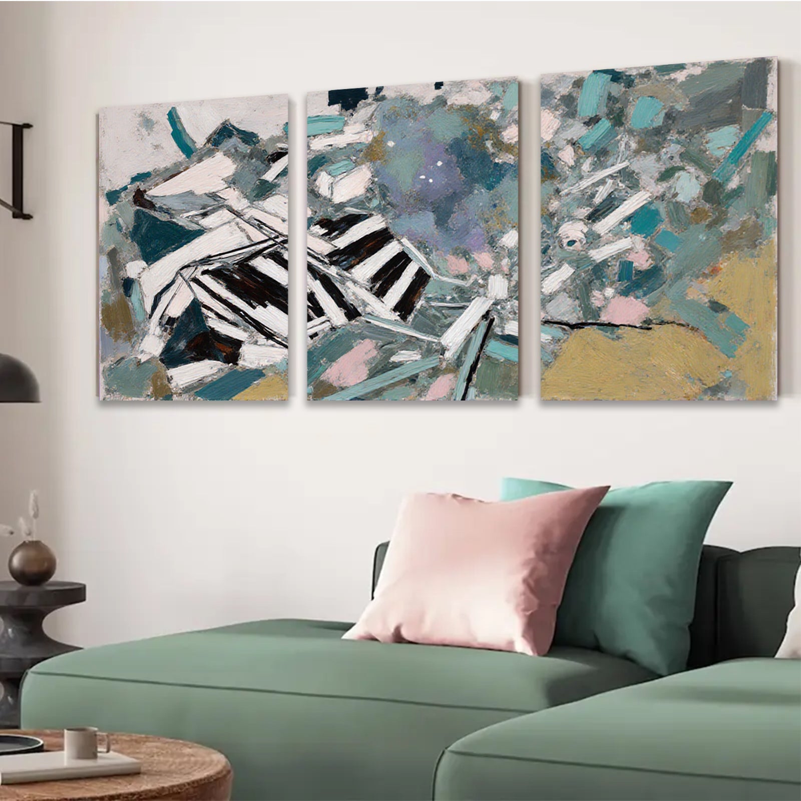 2D flat 1pc abstract brushstrokes vibrant coastal blues golds modern farmhouse wall art living room bedroom decor gallery wrapped canvas print oversized statement piece