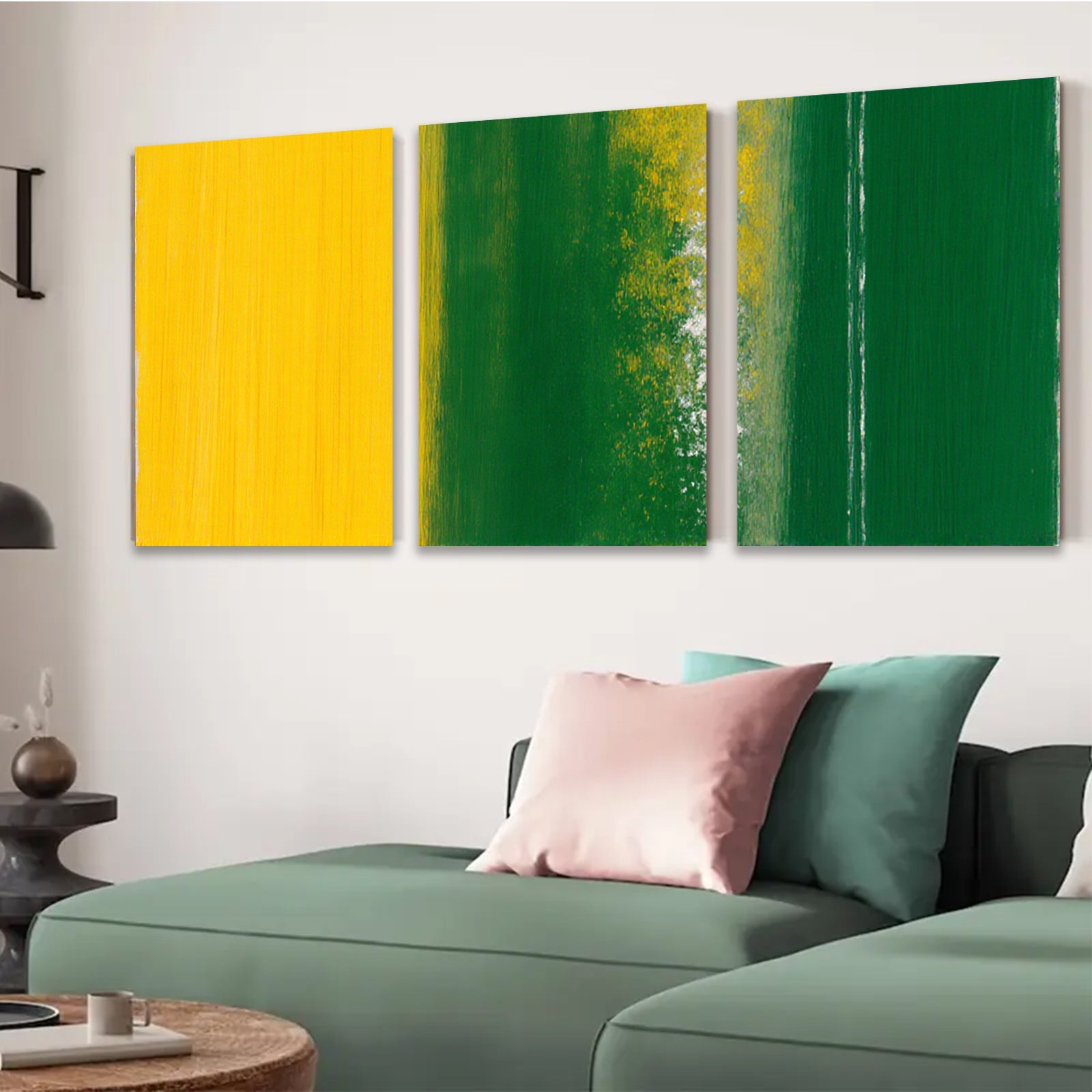 2D flat 1pc abstract canvas wall art vibrant yellow green hues modern farmhouse living room bedroom decor gallery wrapped stretched prints ready to hang large size statement piece