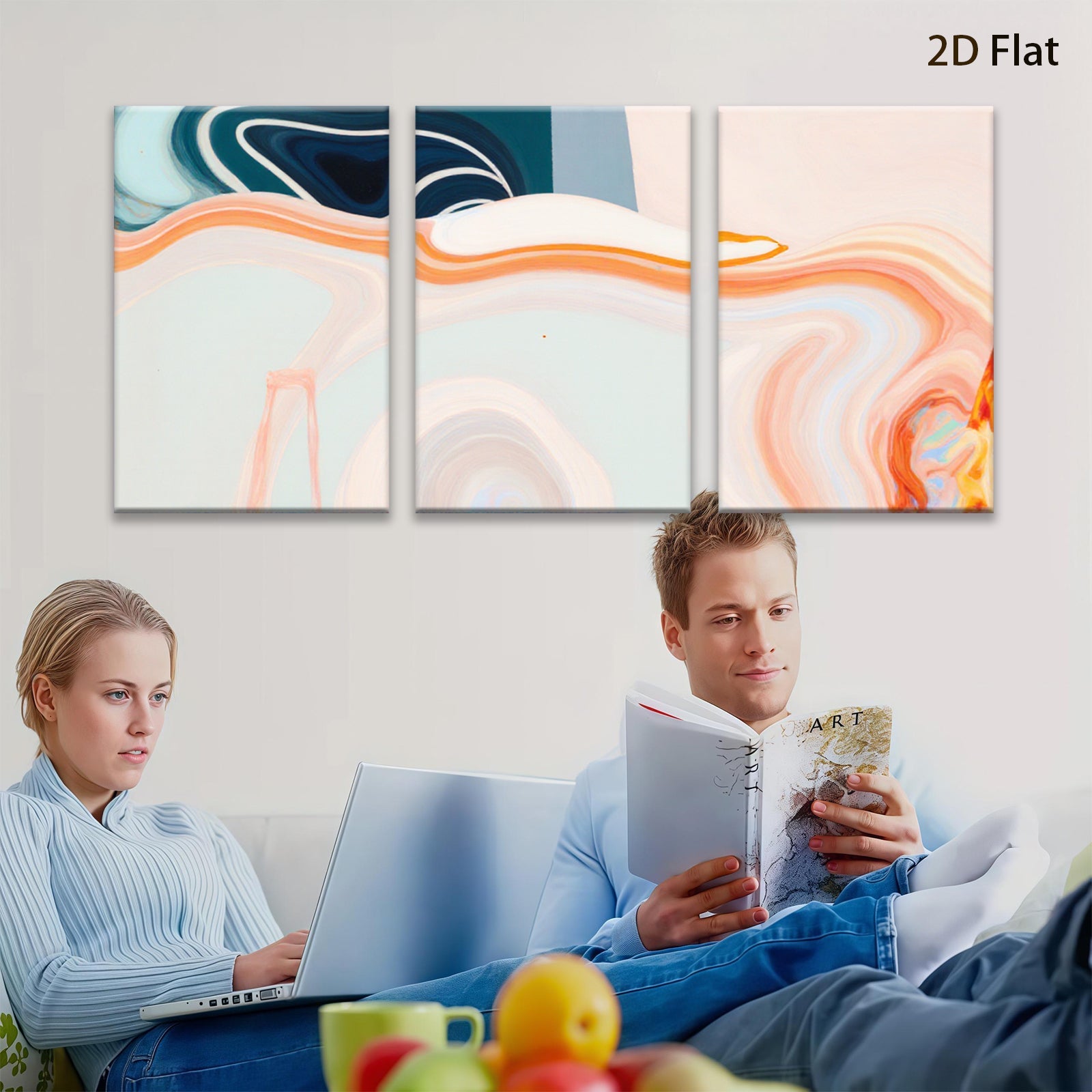 2D flat 1pc abstract fluid art canvas wall decor for living room bedroom modern farmhouse gallery wrapped teal orange minimalist statement piece trending now farmhouse style