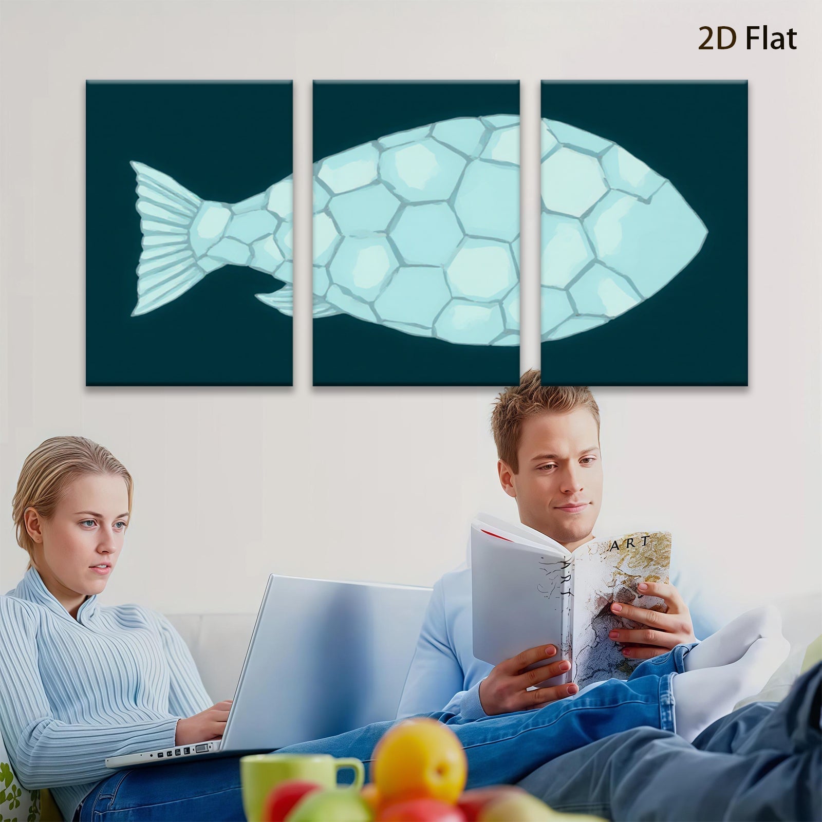 2D flat 1pc abstract geometric fish wall art canvas prints modern farmhouse decor living room bedroom gallery wrapped timeless elegance coastal chic ready to hang
