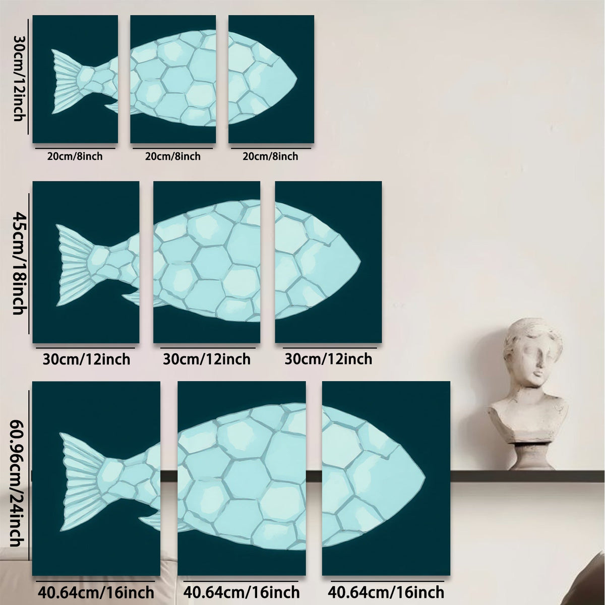 2D flat 1pc abstract geometric fish wall art canvas prints modern farmhouse decor living room bedroom gallery wrapped timeless elegance coastal chic ready to hang