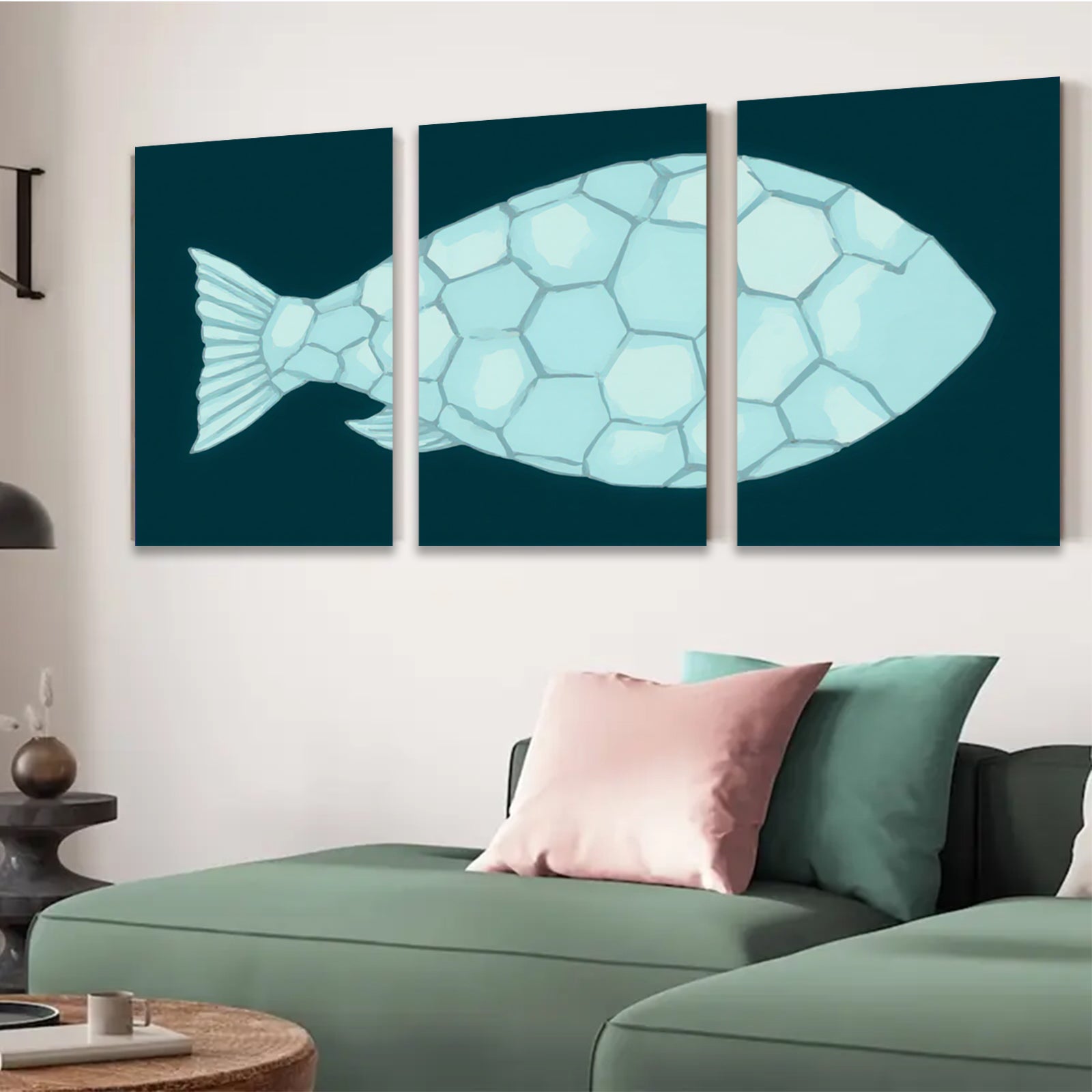 2D flat 1pc abstract geometric fish wall art canvas prints modern farmhouse decor living room bedroom gallery wrapped timeless elegance coastal chic ready to hang