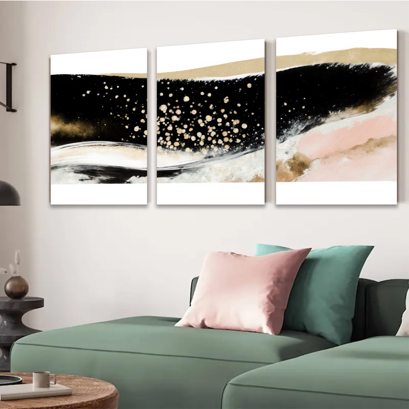 2D flat 1pc abstract gold waves blush pink canvas wall art modern farmhouse living room bedroom decor gallery wrapped ready to hang