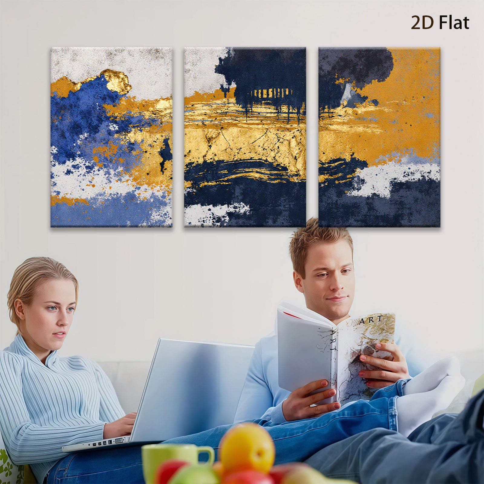 2D flat 1pc abstract navy gold splash canvas wall art modern farmhouse living room bedroom decor gallery wrapped ready to hang inspirational