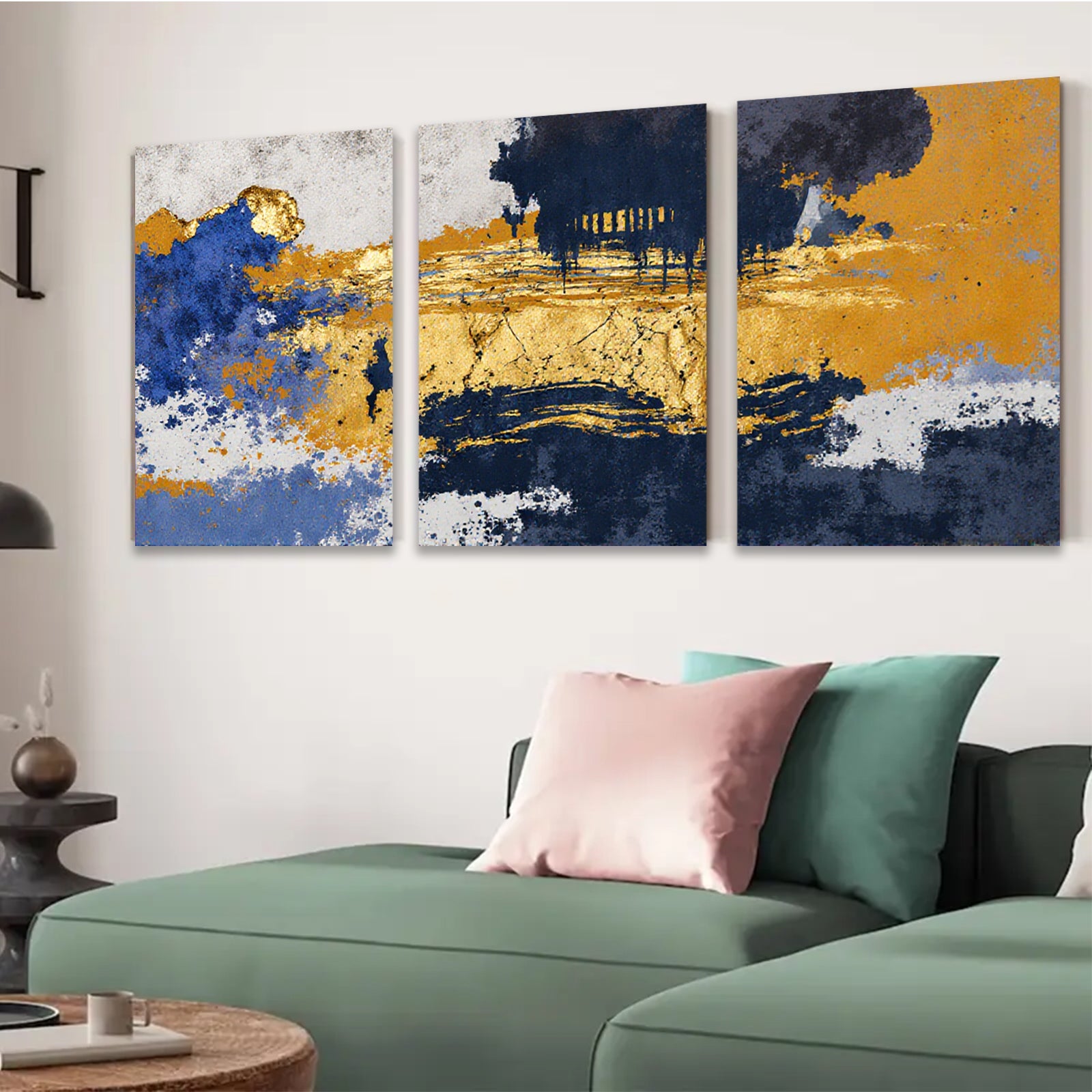 2D flat 1pc abstract navy gold splash canvas wall art modern farmhouse living room bedroom decor gallery wrapped ready to hang inspirational