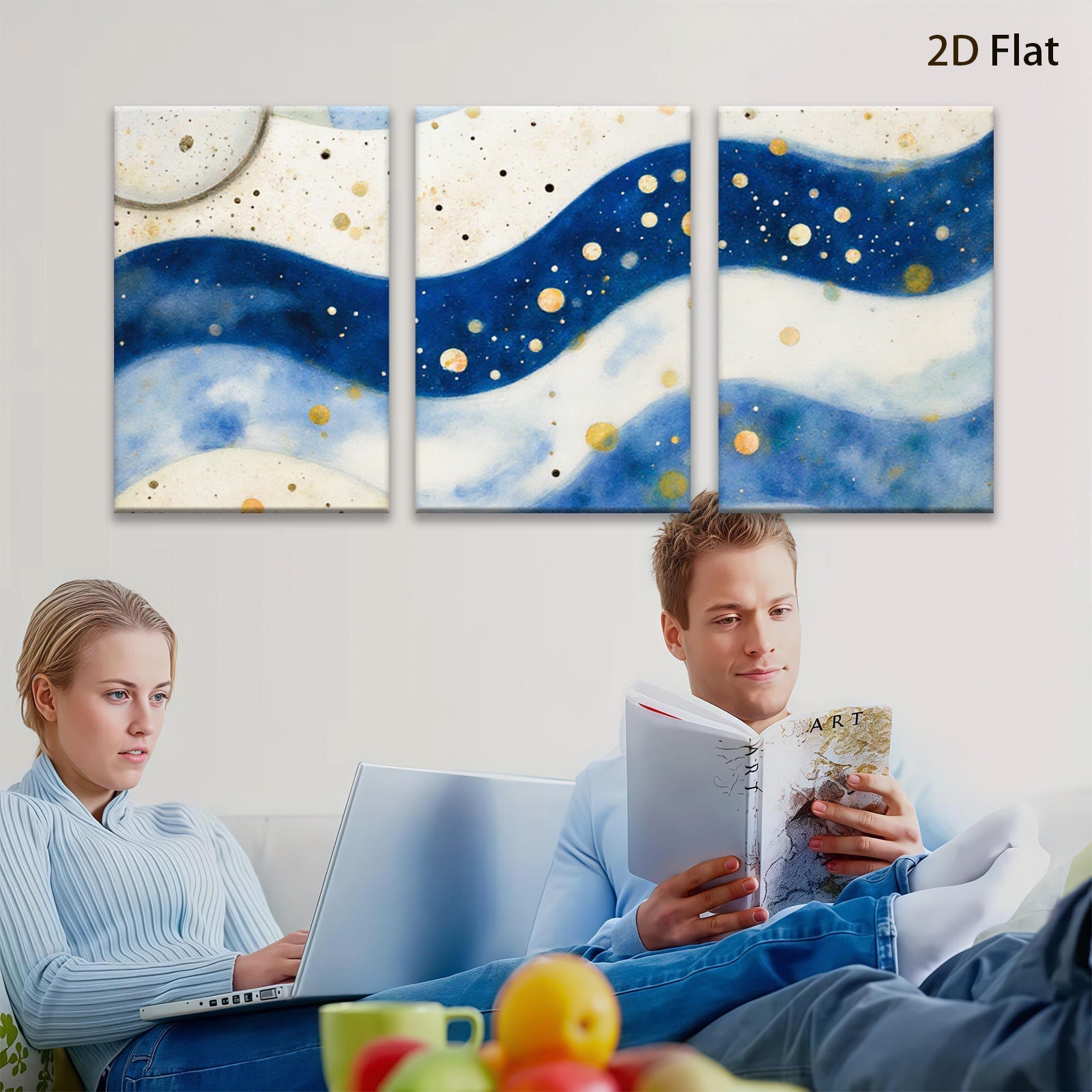 2D flat 1pc abstract navy waves gold flecks modern wall art canvas prints bedroom living room decor farmhouse style gallery wrapped timeless elegance