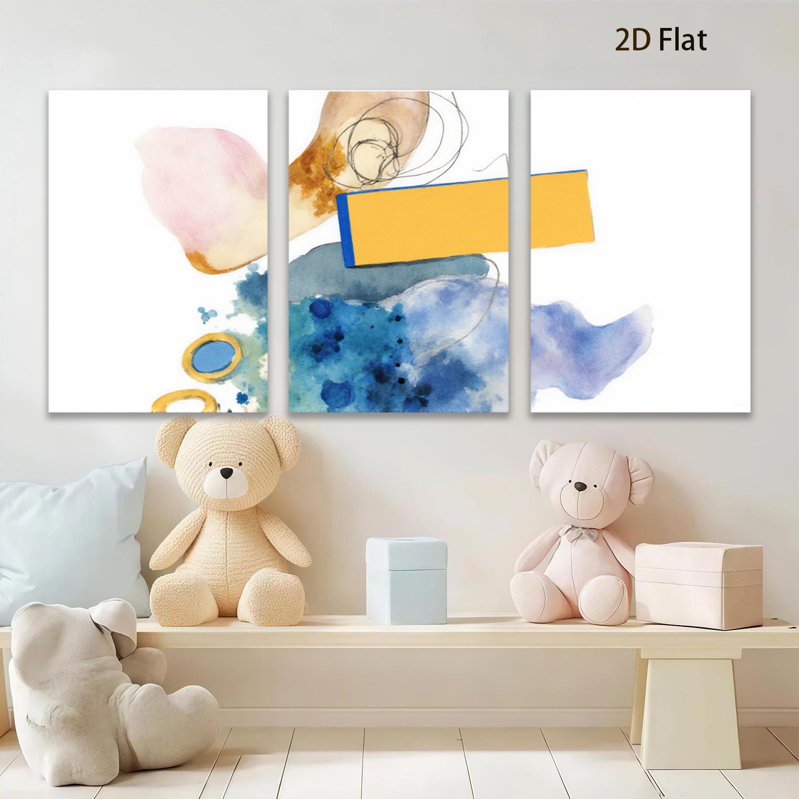 2D flat 1pc abstract watercolor splash vibrant blue gold modern farmhouse wall art decor living room bedroom canvas prints gallery wrapped framed