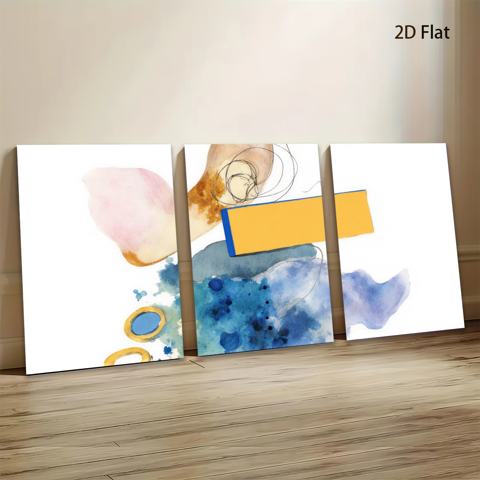 2D flat 1pc abstract watercolor splash vibrant blue gold modern farmhouse wall art decor living room bedroom canvas prints gallery wrapped framed