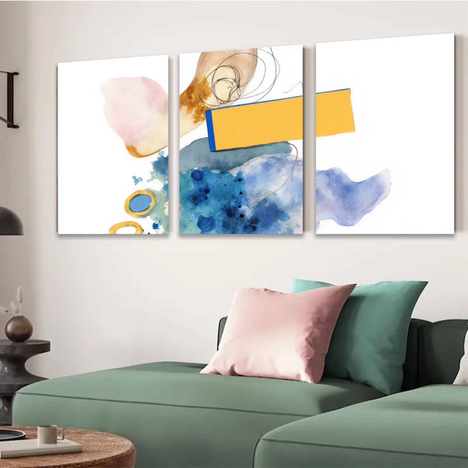 2D flat 1pc abstract watercolor splash vibrant blue gold modern farmhouse wall art decor living room bedroom canvas prints gallery wrapped framed