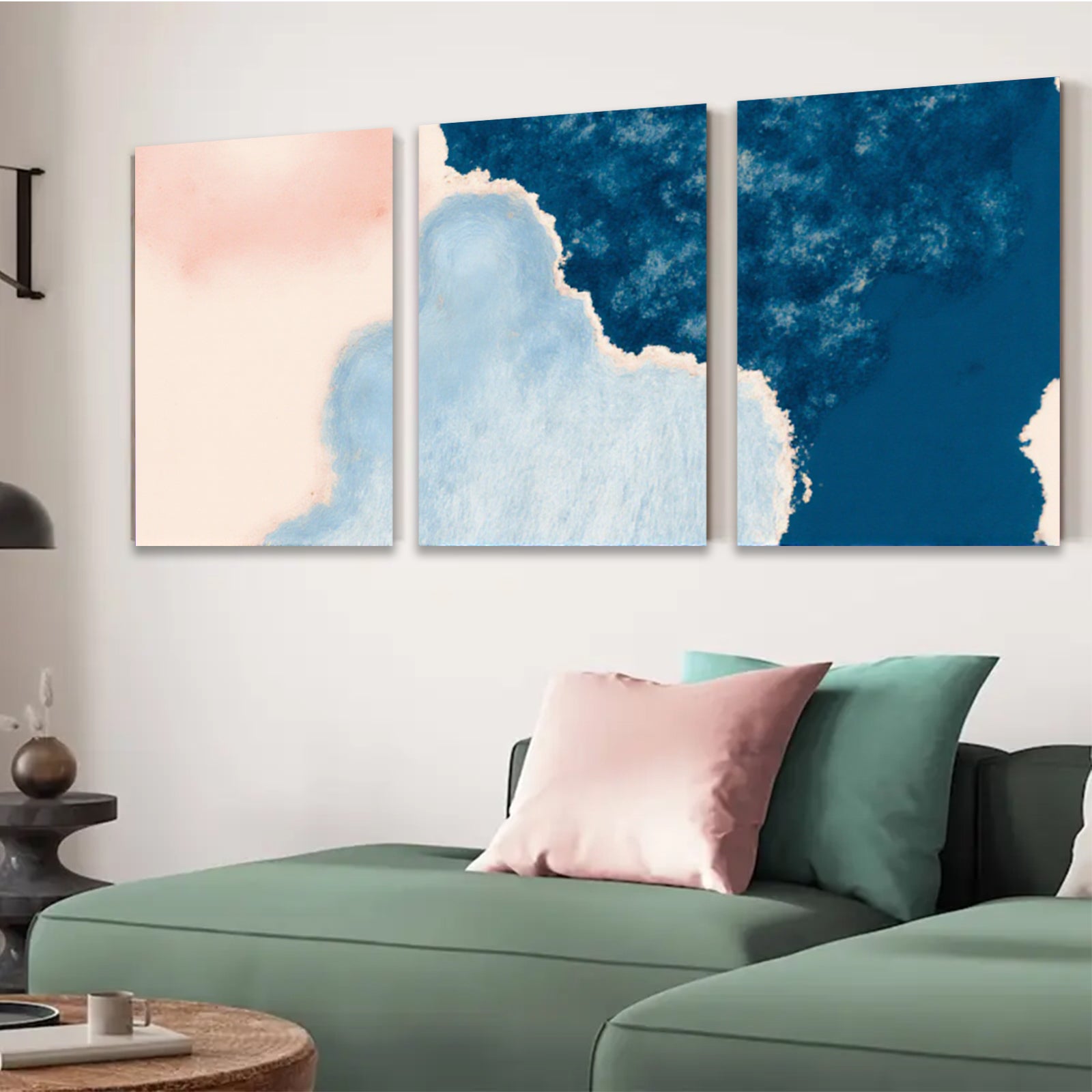 2D flat 1pc abstract watercolor wash navy blue blush pink modern farmhouse wall art bedroom living room gallery wrapped canvas print