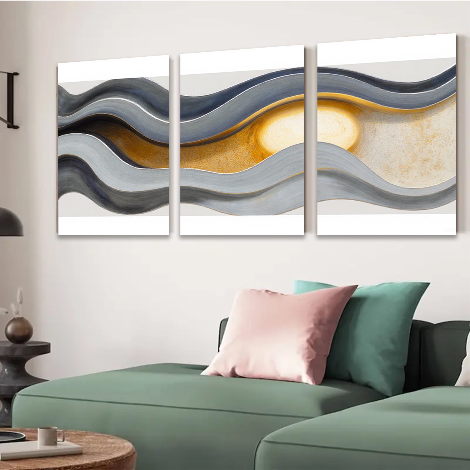 2D flat 1pc abstract waves golden sunburst modern wall art for living room bedroom office decor farmhouse style gallery wrapped canvas prints