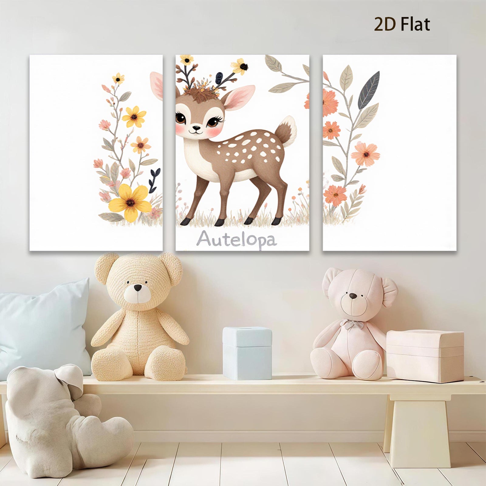 2D flat 1pc adorable deer wildflower painting nursery wall art bedroom decor farmhouse style canvas prints cozy home accents modern minimalist