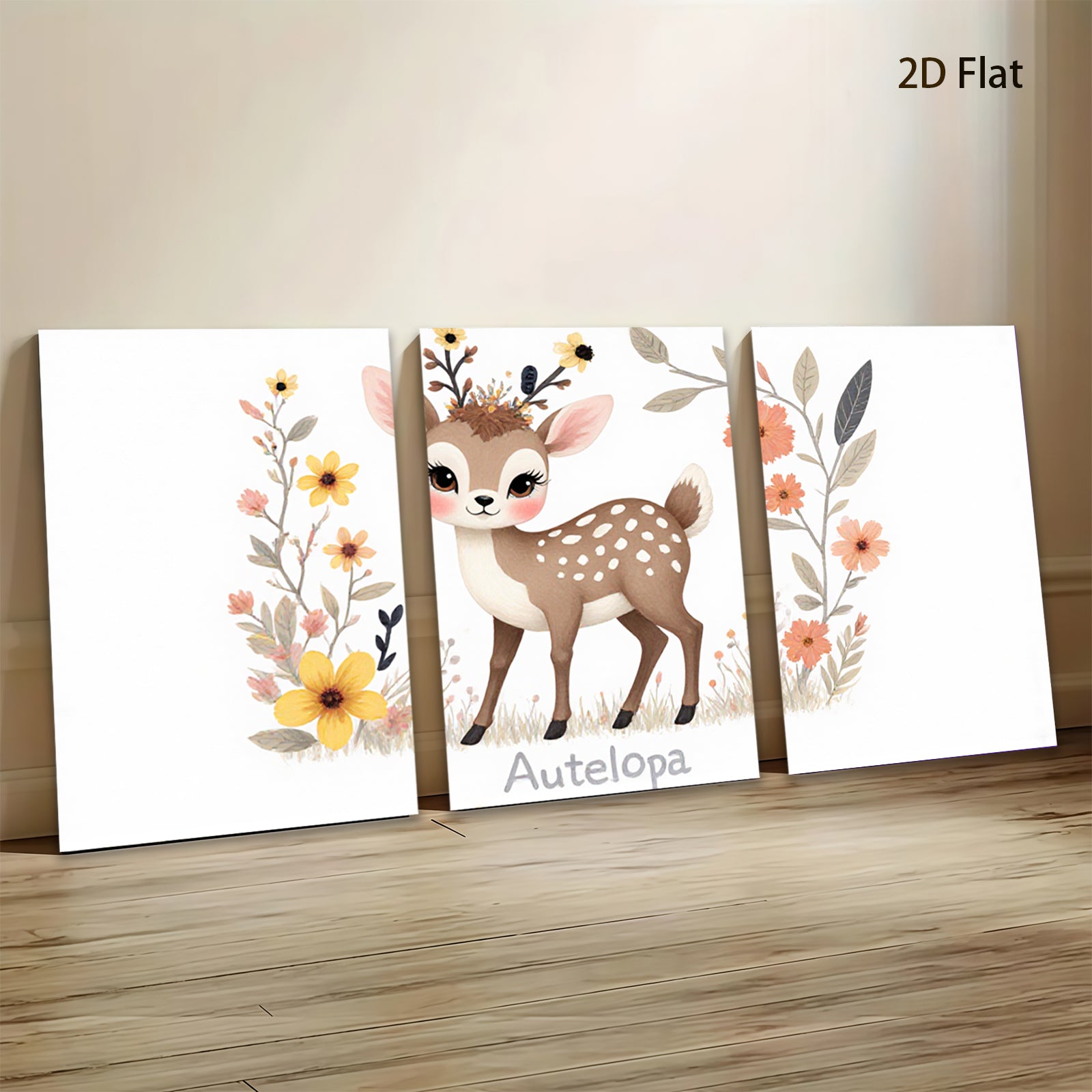 2D flat 1pc adorable deer wildflower painting nursery wall art bedroom decor farmhouse style canvas prints cozy home accents modern minimalist