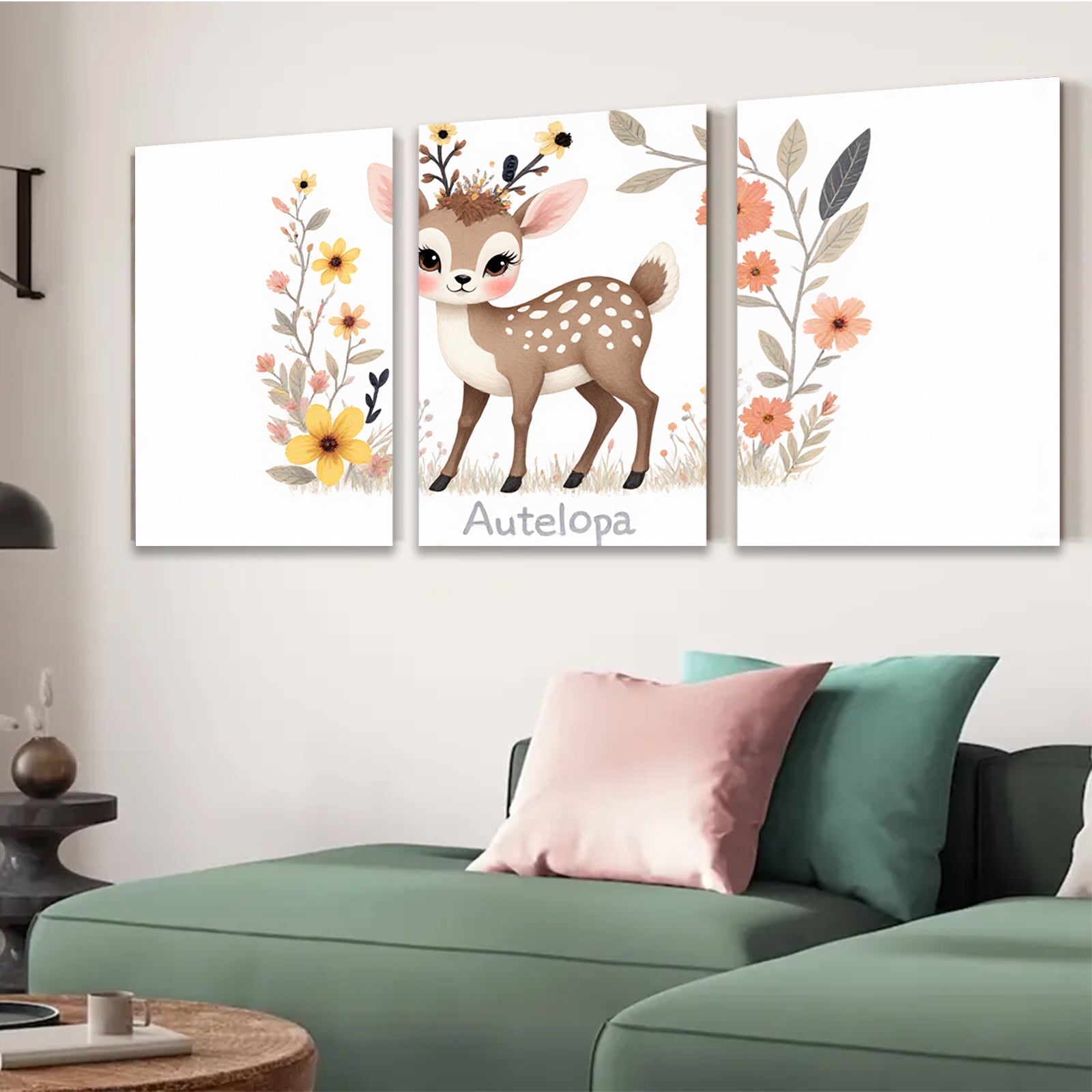 2D flat 1pc adorable deer wildflower painting nursery wall art bedroom decor farmhouse style canvas prints cozy home accents modern minimalist