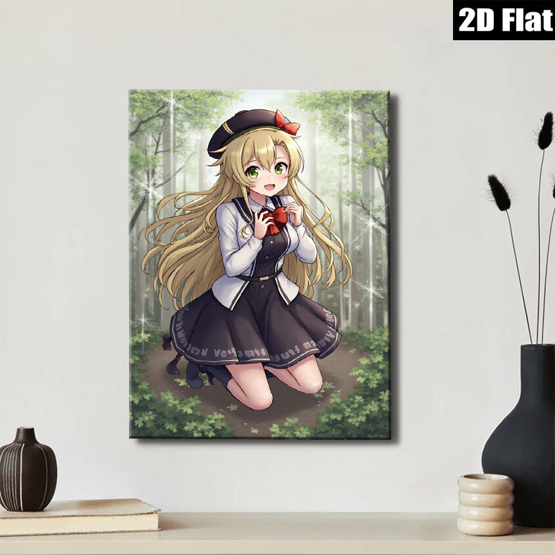 2D flat 1pc adorable schoolgirl kneeling forest backdrop wall decor playroom bedroom living room modern farmhouse canvas prints