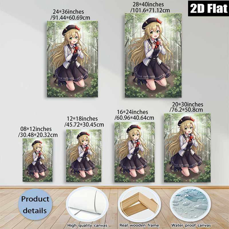 2D flat 1pc adorable schoolgirl kneeling forest backdrop wall decor playroom bedroom living room modern farmhouse canvas prints