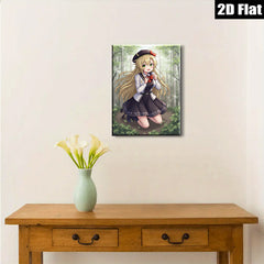 2D flat 1pc adorable schoolgirl kneeling forest backdrop wall decor playroom bedroom living room modern farmhouse canvas prints
