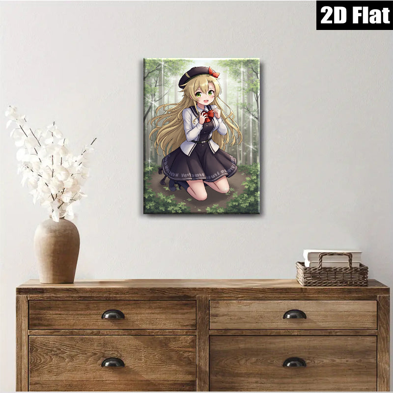 2D flat 1pc adorable schoolgirl kneeling forest backdrop wall decor playroom bedroom living room modern farmhouse canvas prints