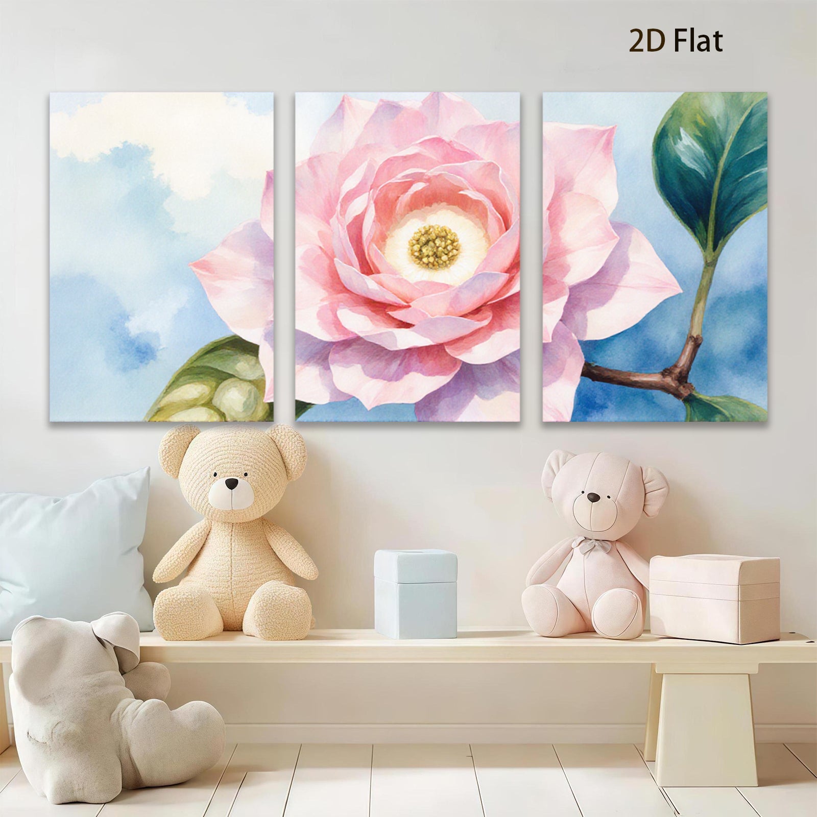2D flat 1pc blooming camellia flower botanical wall art for living room bedroom home decor farmhouse style gallery wrapped canvas print