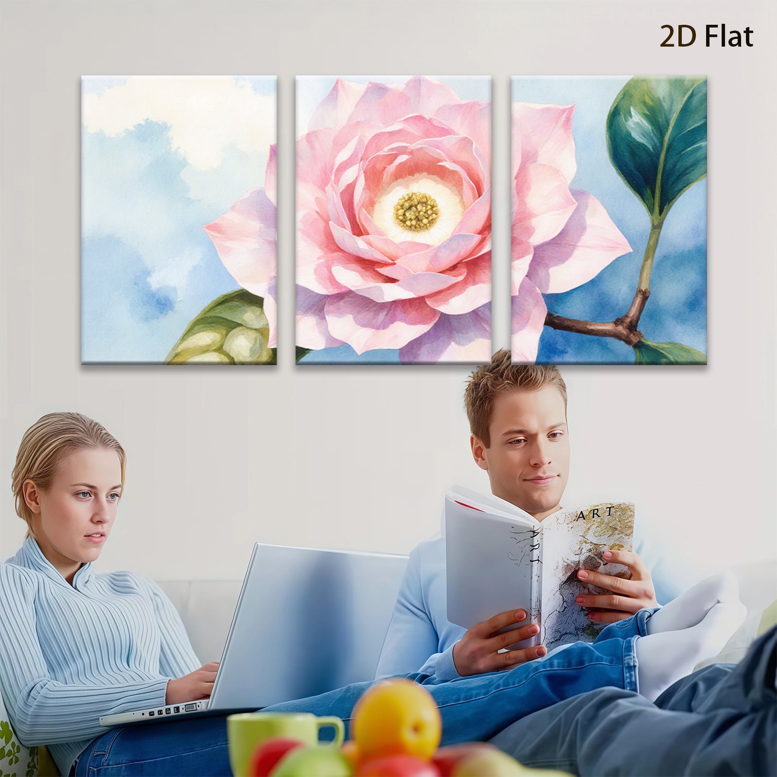 2D flat 1pc blooming camellia flower botanical wall art for living room bedroom home decor farmhouse style gallery wrapped canvas print