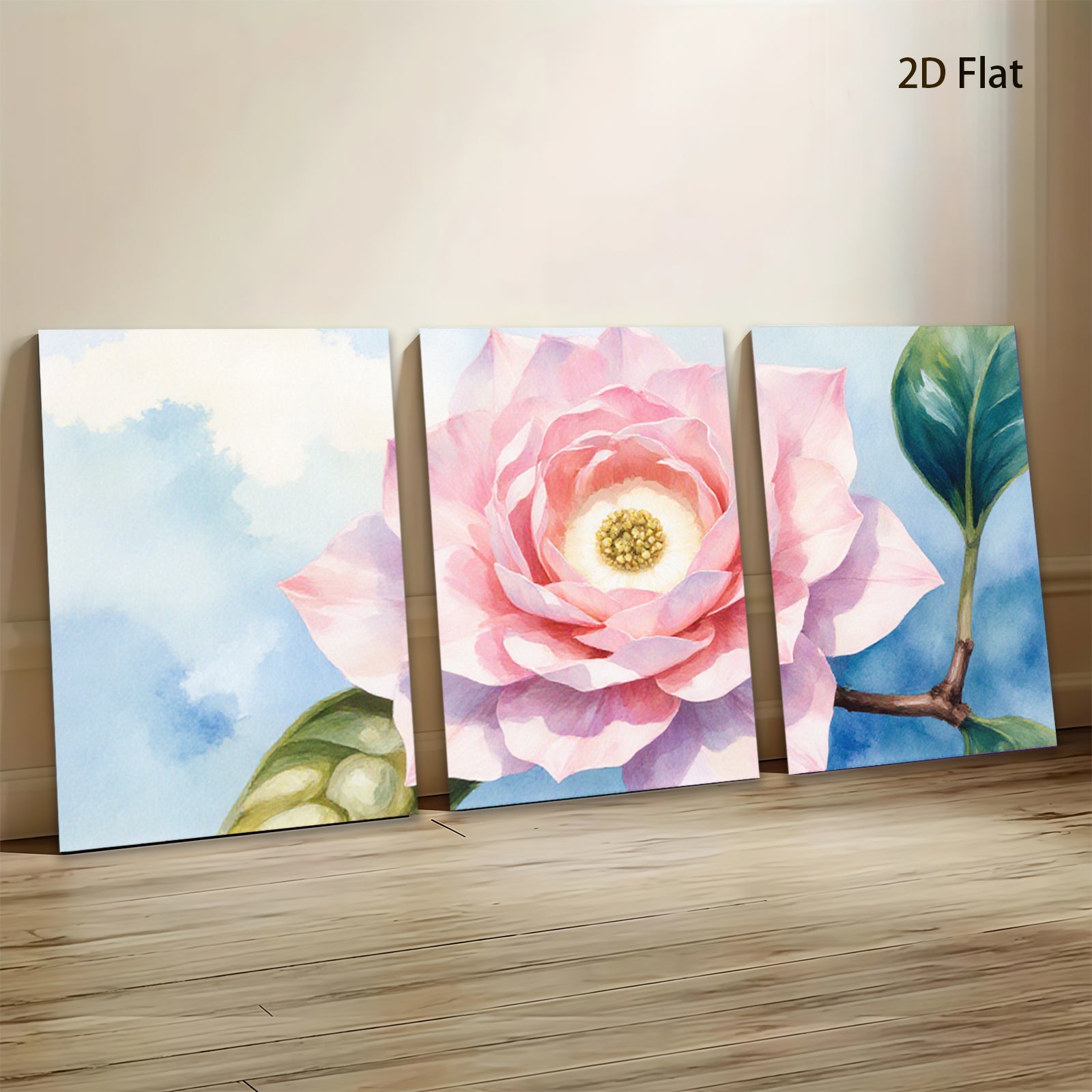 2D flat 1pc blooming camellia flower botanical wall art for living room bedroom home decor farmhouse style gallery wrapped canvas print