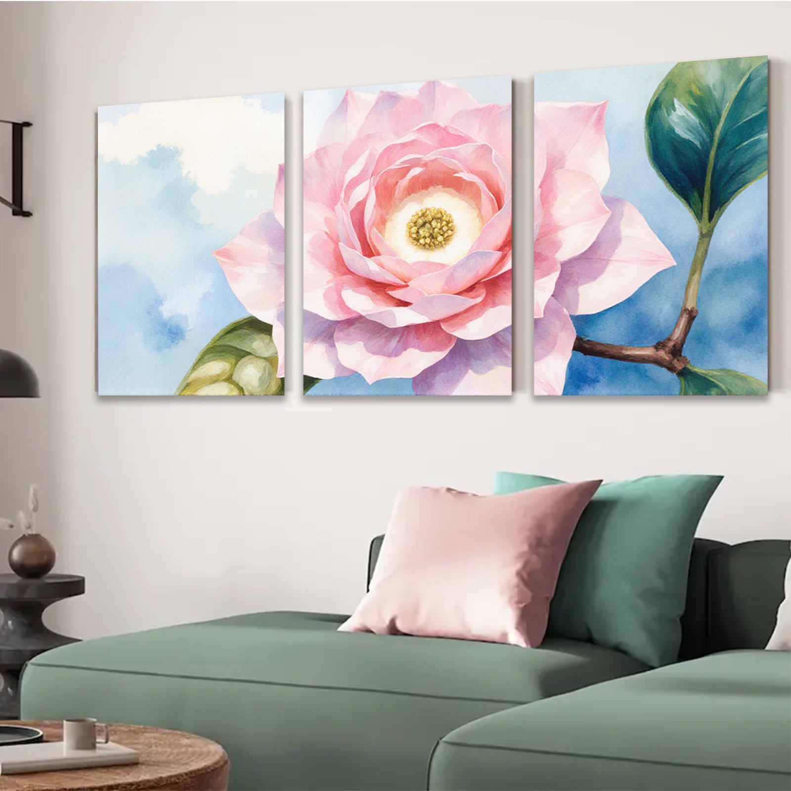 2D flat 1pc blooming camellia flower botanical wall art for living room bedroom home decor farmhouse style gallery wrapped canvas print