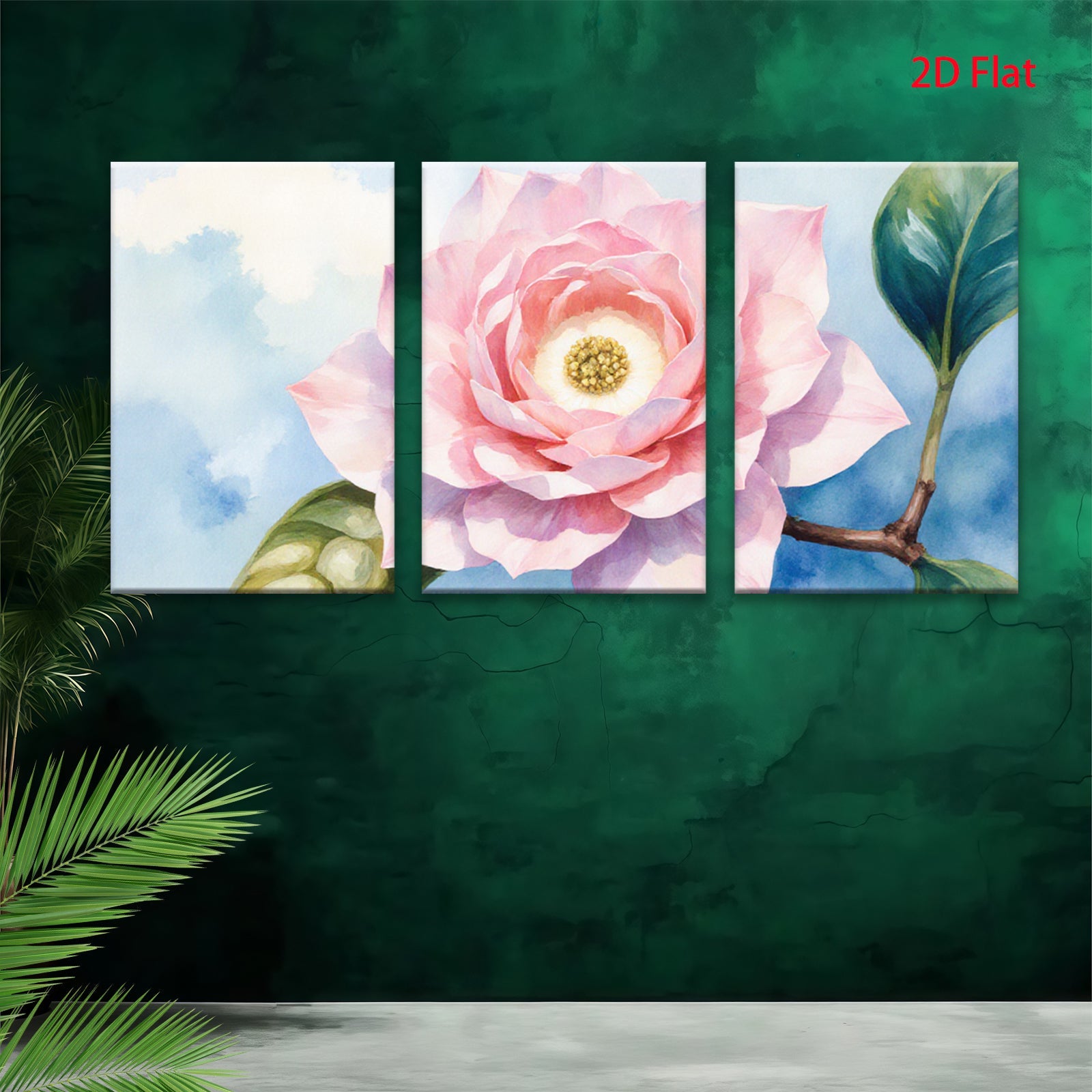 2D flat 1pc blooming camellia flower botanical wall art for living room bedroom home decor farmhouse style gallery wrapped canvas print
