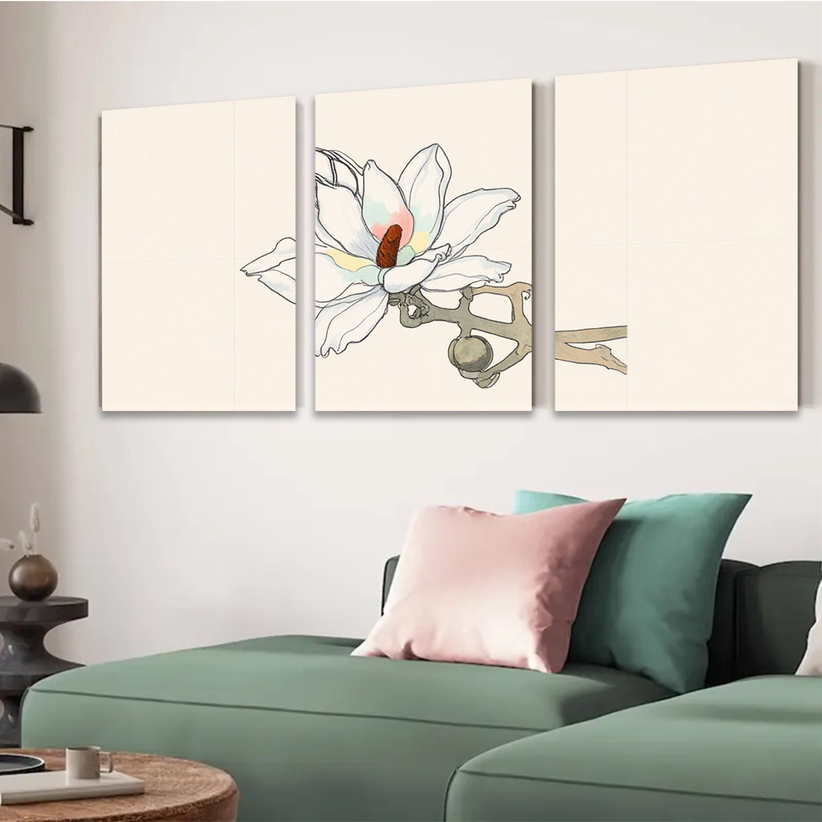 2D flat 1pc blooming magnolia branch botanical wall art farmhouse living room bedroom decor gallery wrapped canvas prints modern minimalist style