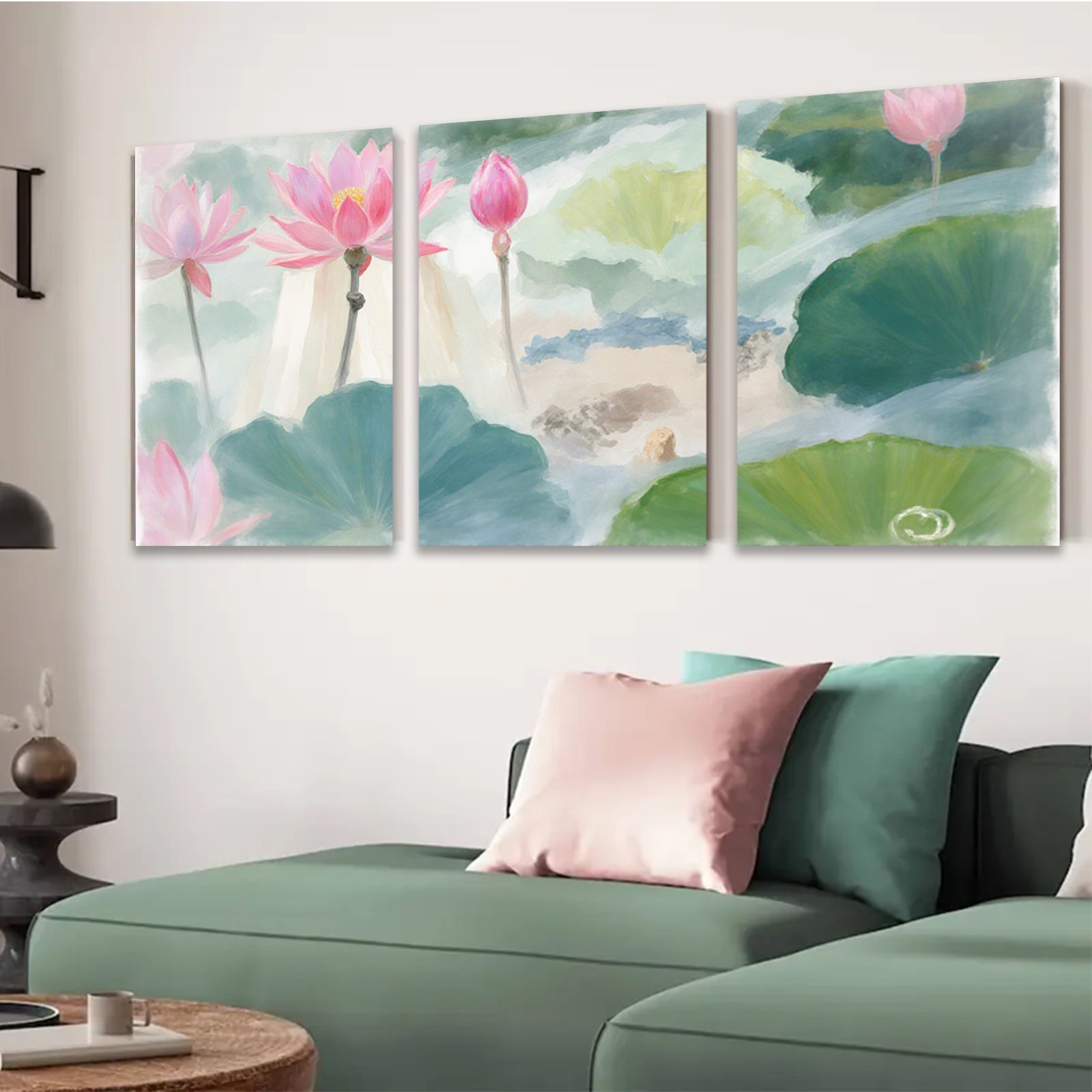 2D flat 1pc blooming pink lotus pond serene wall art canvas prints for living room bedroom home decor farmhouse style botanical garden modern minimalist
