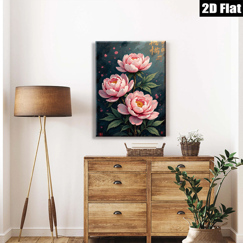 2D flat 1pc blooming pink peonies botanical wall art for living room bedroom home decor farmhouse style gallery wrapped canvas prints ready to hang modern aesthetic