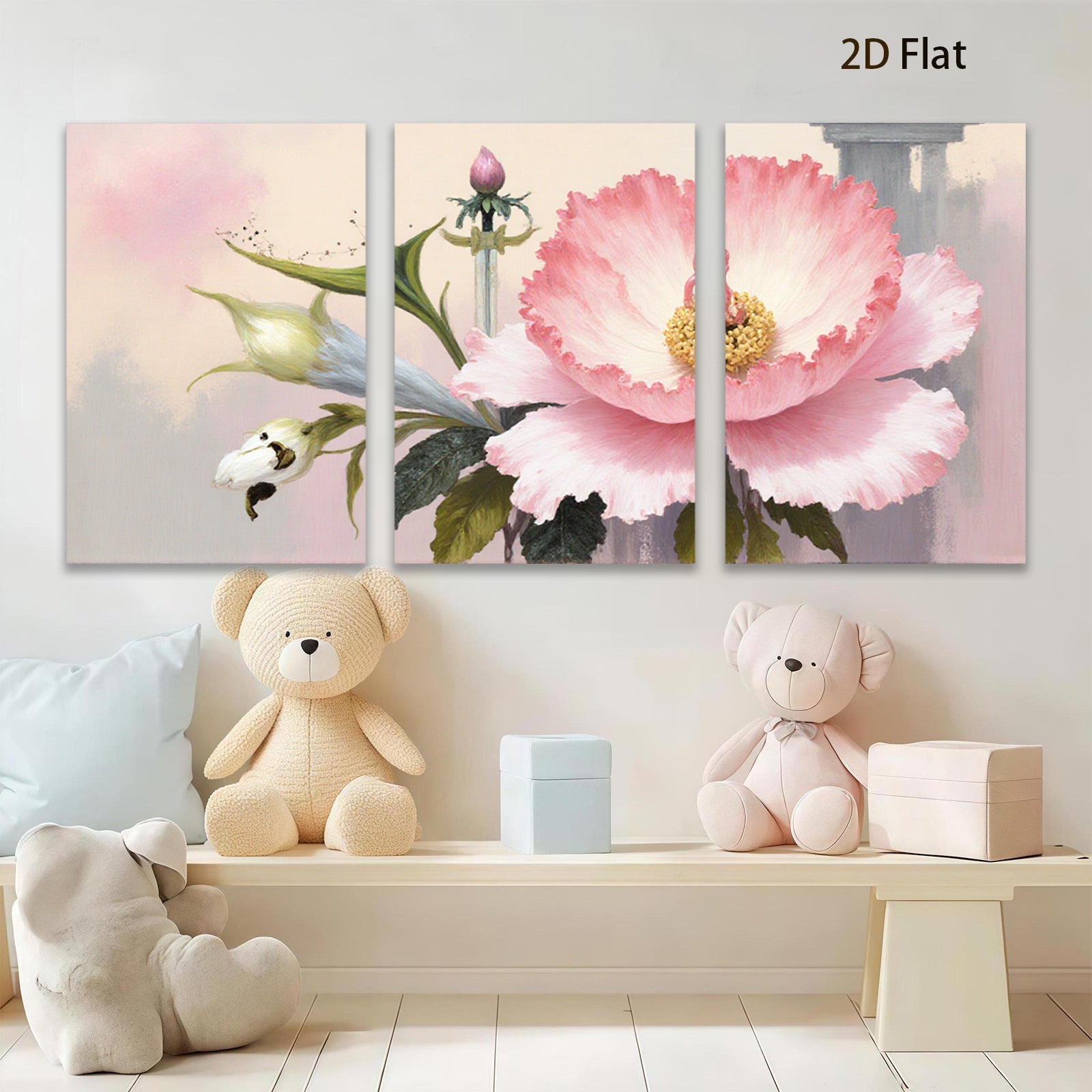 2D flat 1pc blooming pink peony botanical wall art canvas print farmhouse living room bedroom decor gallery wrapped modern floral paintings