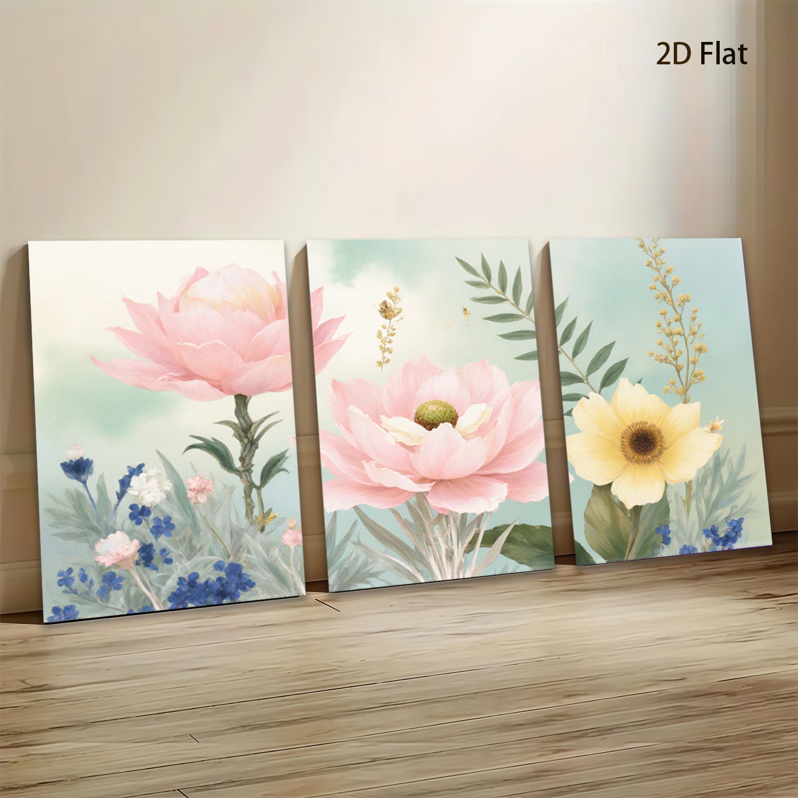 2D flat 1pc blooming pink peony yellow sunflower botanical wall art for living room bedroom farmhouse decor gallery wrapped canvas prints ready to hang
