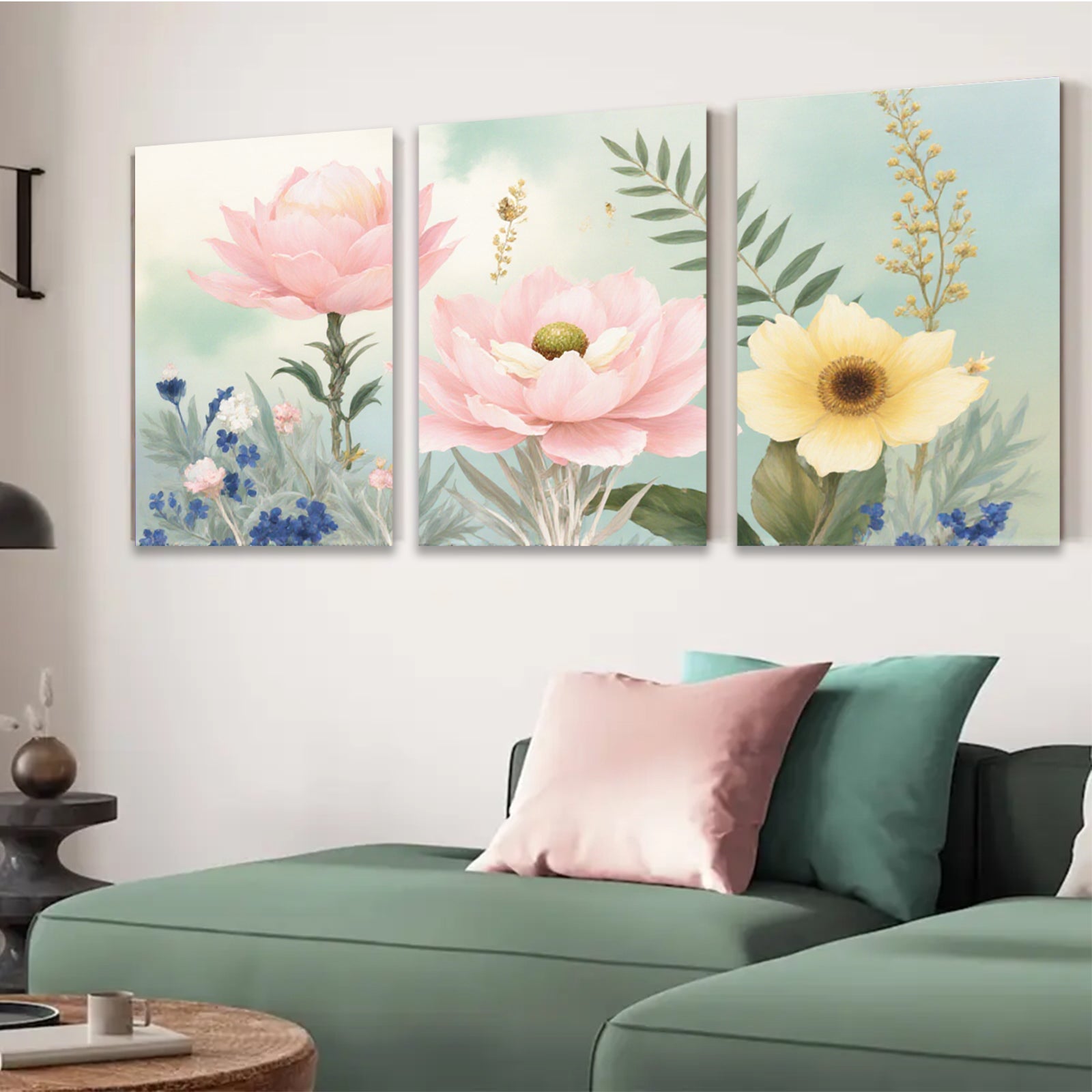 2D flat 1pc blooming pink peony yellow sunflower botanical wall art for living room bedroom farmhouse decor gallery wrapped canvas prints ready to hang