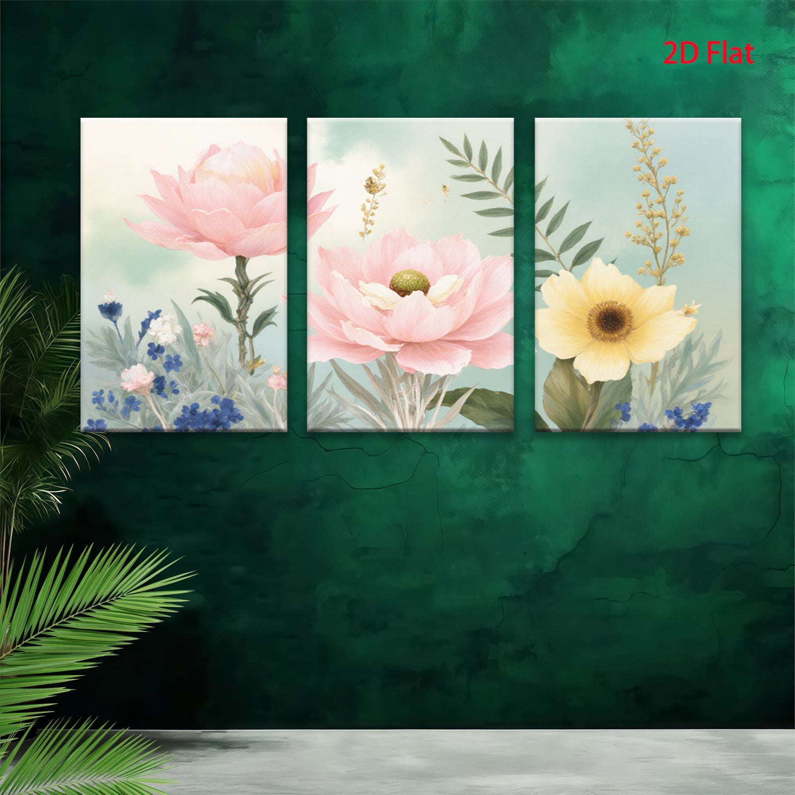 2D flat 1pc blooming pink peony yellow sunflower botanical wall art for living room bedroom farmhouse decor gallery wrapped canvas prints ready to hang