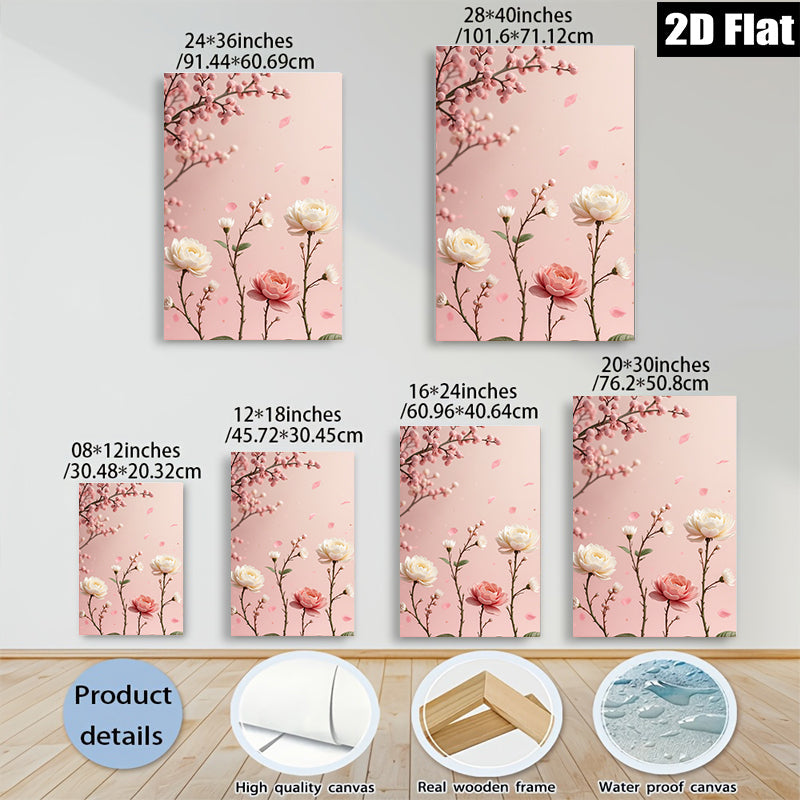 2D flat 1pc blooming pink roses botanical wall art for living room bedroom home decor farmhouse style gallery wrapped canvas prints modern floral artwork
