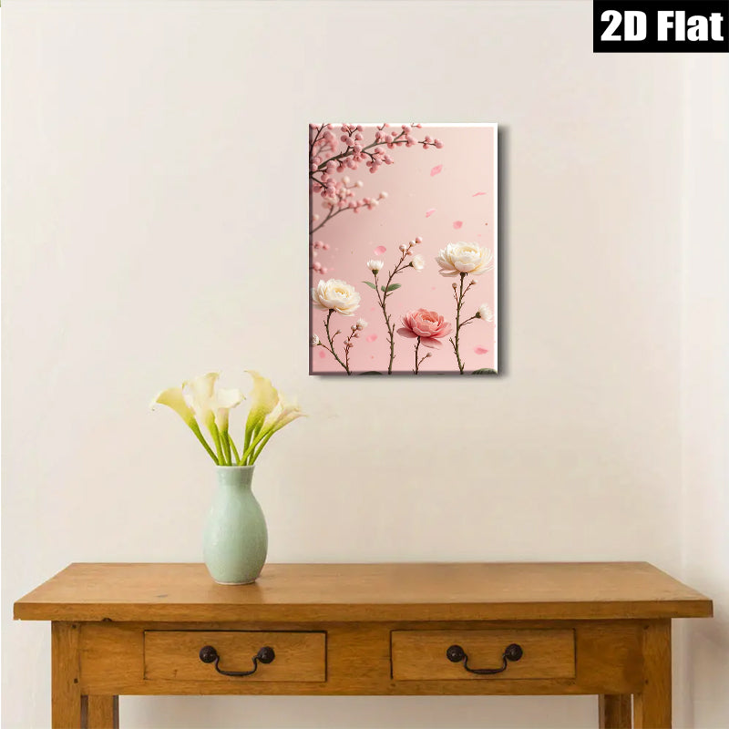 2D flat 1pc blooming pink roses botanical wall art for living room bedroom home decor farmhouse style gallery wrapped canvas prints modern floral artwork