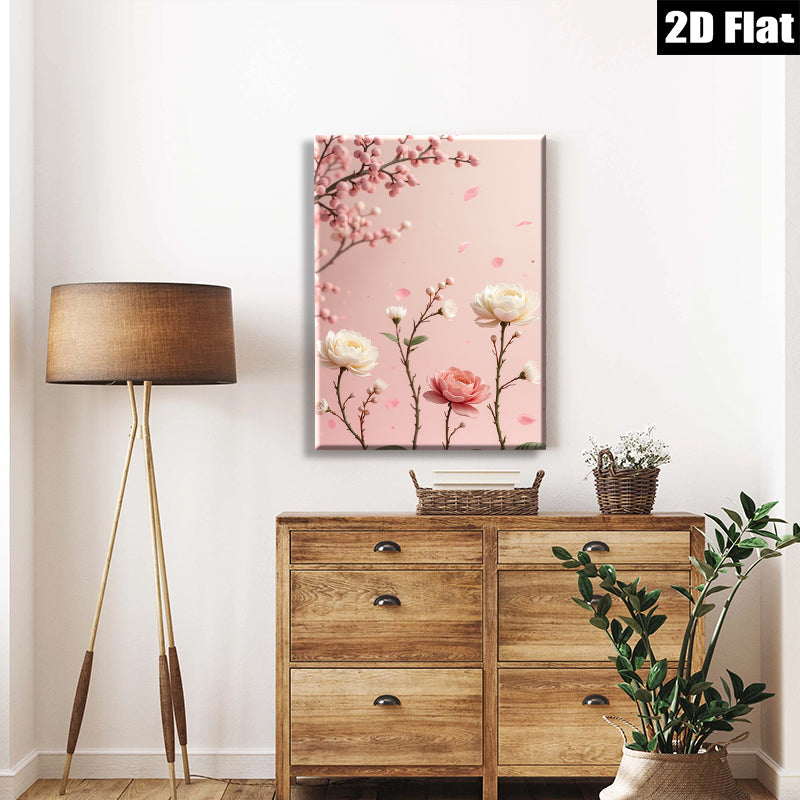 2D flat 1pc blooming pink roses botanical wall art for living room bedroom home decor farmhouse style gallery wrapped canvas prints modern floral artwork