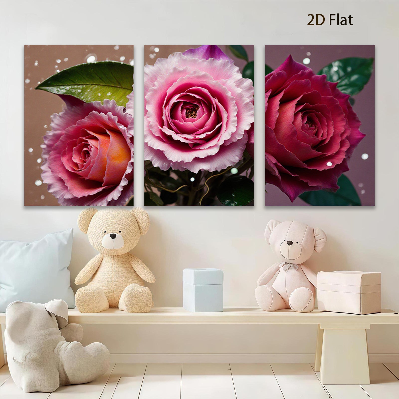 2D flat 1pc blooming pink roses floral wall art canvas prints for bedroom living room home decor farmhouse style modern minimalist cozy aesthetic