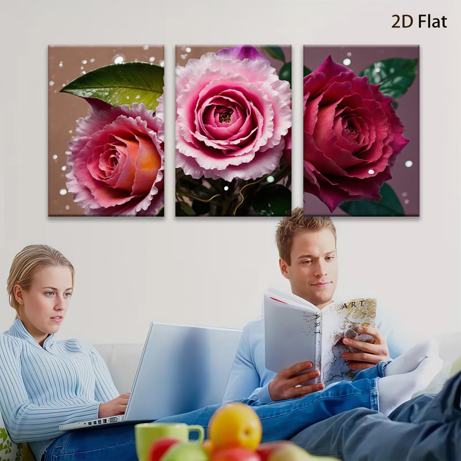 2D flat 1pc blooming pink roses floral wall art canvas prints for bedroom living room home decor farmhouse style modern minimalist cozy aesthetic