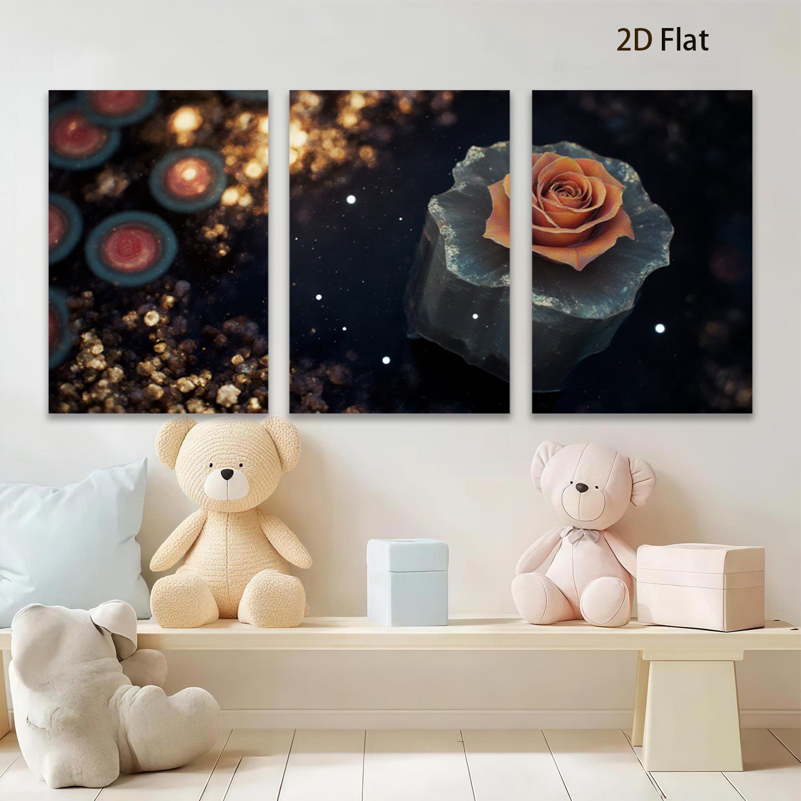 2D flat 1pc blooming rose on dark stone wall art for living room bedroom gallery wrapped canvas prints modern farmhouse decor botanical floral accent piece