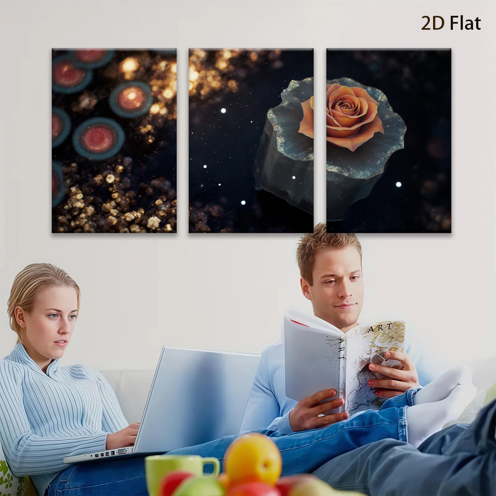 2D flat 1pc blooming rose on dark stone wall art for living room bedroom gallery wrapped canvas prints modern farmhouse decor botanical floral accent piece
