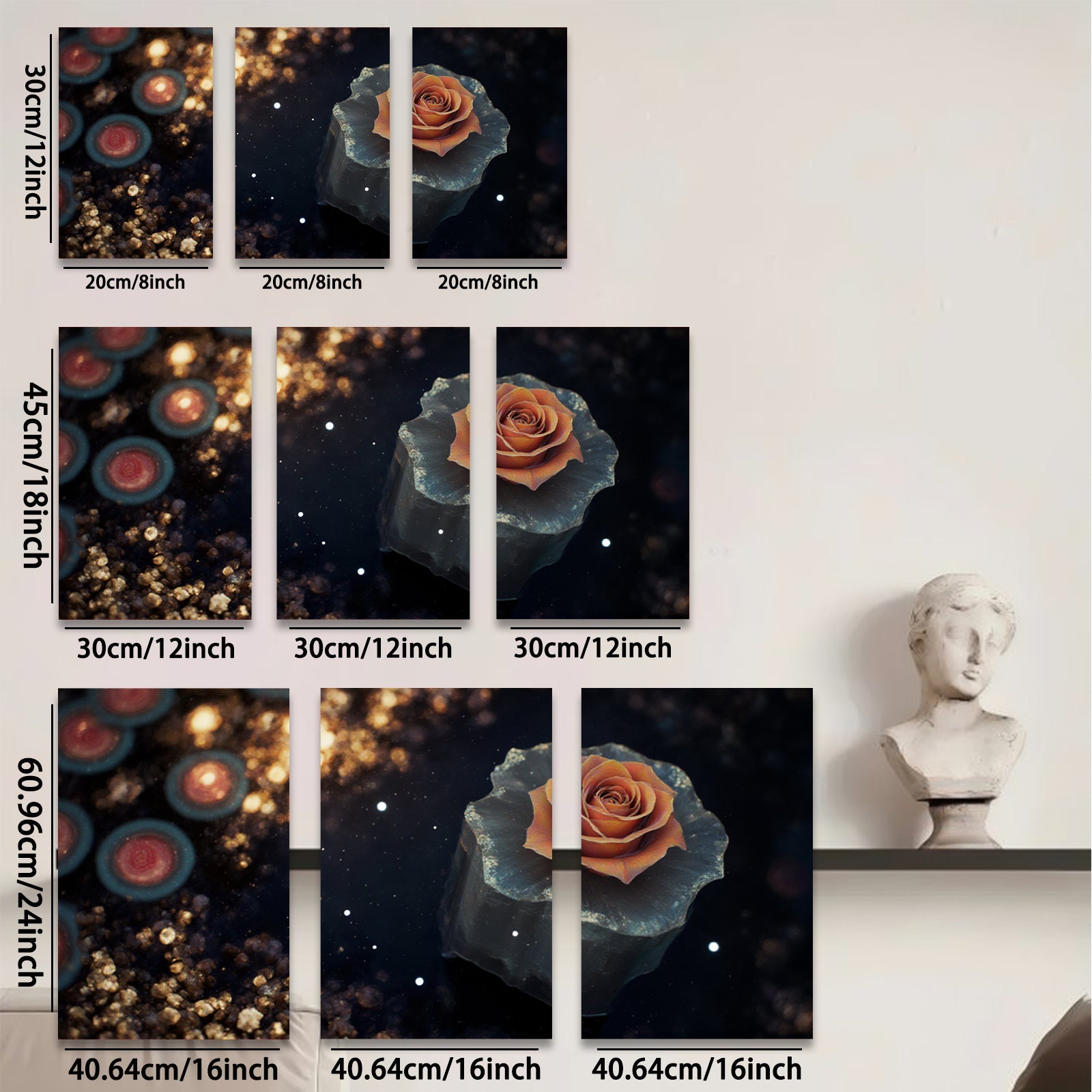 2D flat 1pc blooming rose on dark stone wall art for living room bedroom gallery wrapped canvas prints modern farmhouse decor botanical floral accent piece