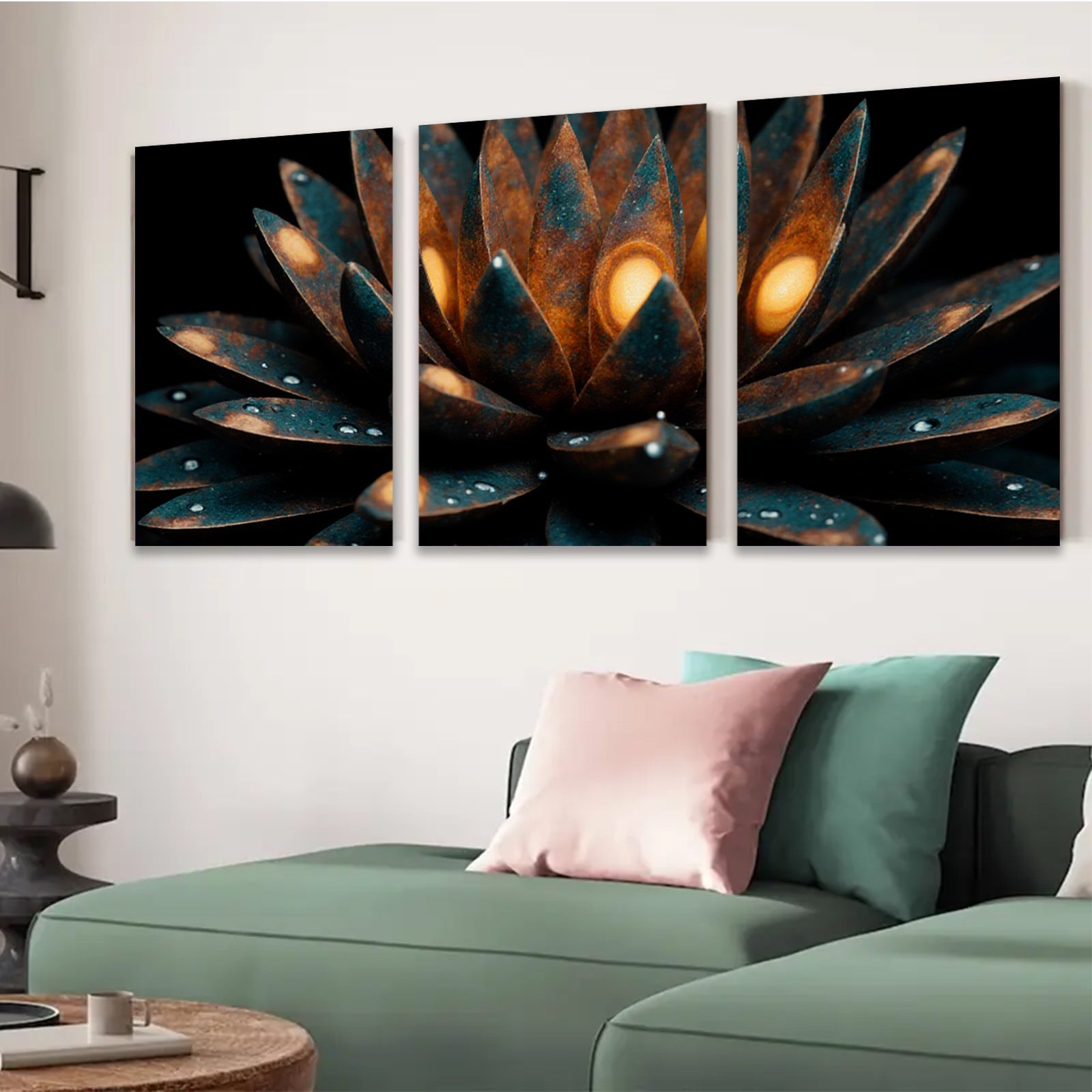 2D flat 1pc blooming teal lotus flower wall art canvas prints for living room bedroom decor farmhouse style modern minimalist botanical gallery wrapped ready to hang