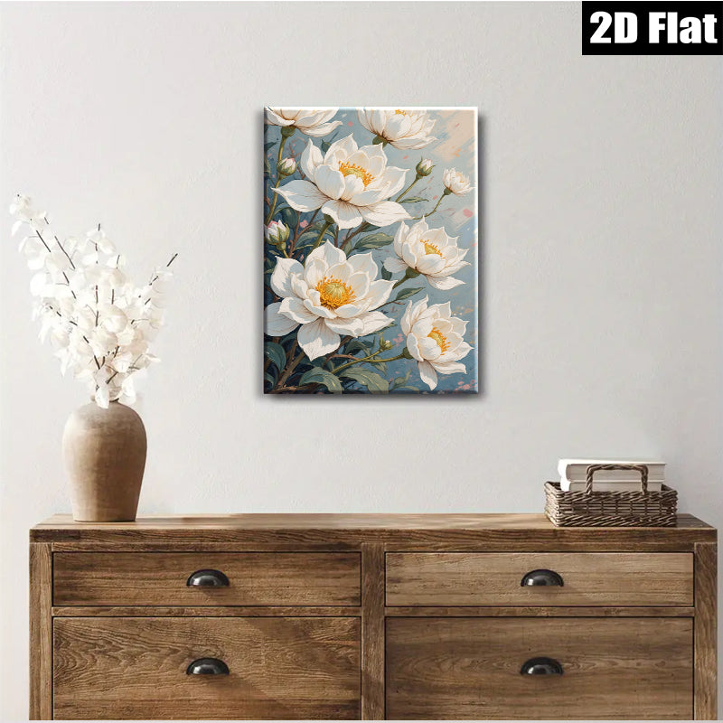 2D flat 1pc blooming white floral botanical wall art canvas prints for living room bedroom home decor farmhouse style modern minimalist gallery wrapped ready to hang