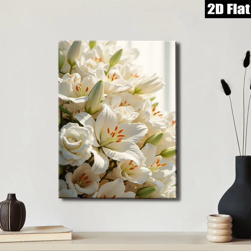 2D flat 1pc blooming white lilies roses floral wall art living room bedroom home decor farmhouse style modern minimalist gallery wrapped canvas prints