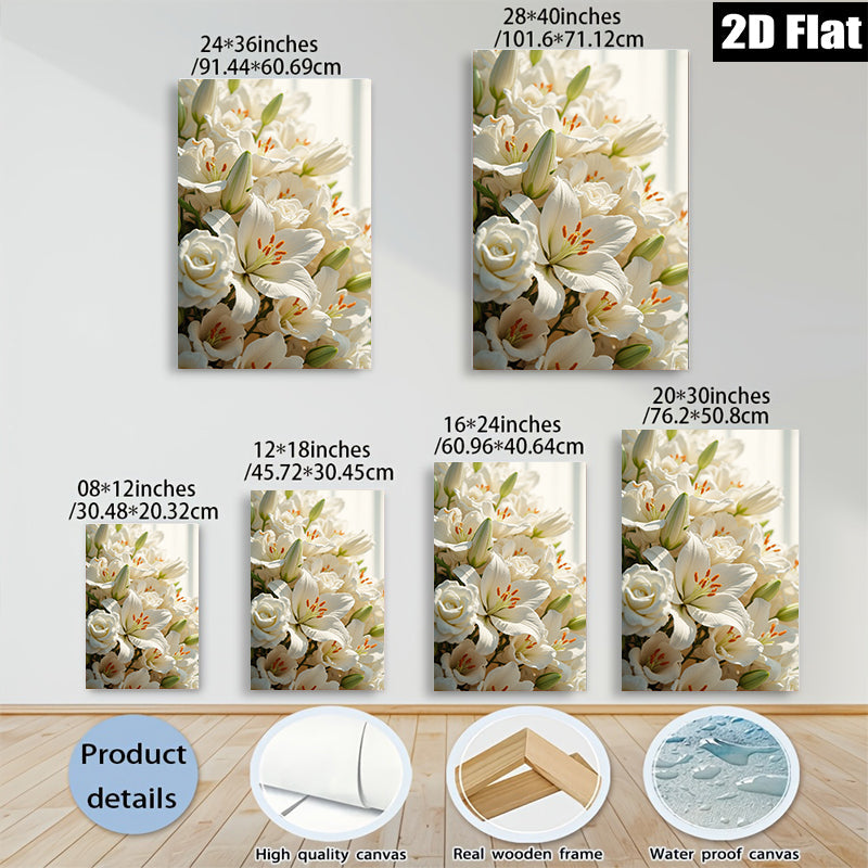 2D flat 1pc blooming white lilies roses floral wall art living room bedroom home decor farmhouse style modern minimalist gallery wrapped canvas prints