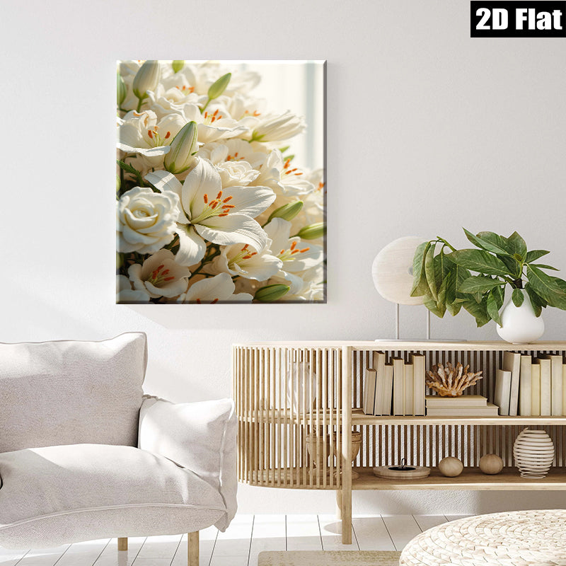 2D flat 1pc blooming white lilies roses floral wall art living room bedroom home decor farmhouse style modern minimalist gallery wrapped canvas prints