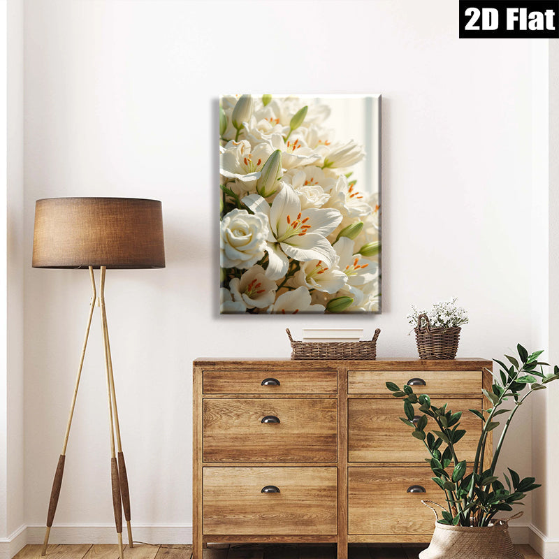 2D flat 1pc blooming white lilies roses floral wall art living room bedroom home decor farmhouse style modern minimalist gallery wrapped canvas prints